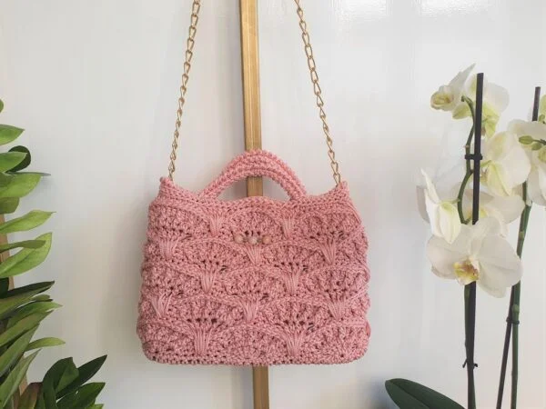 χειροποίητη πλεκτή τσάντα ροζ